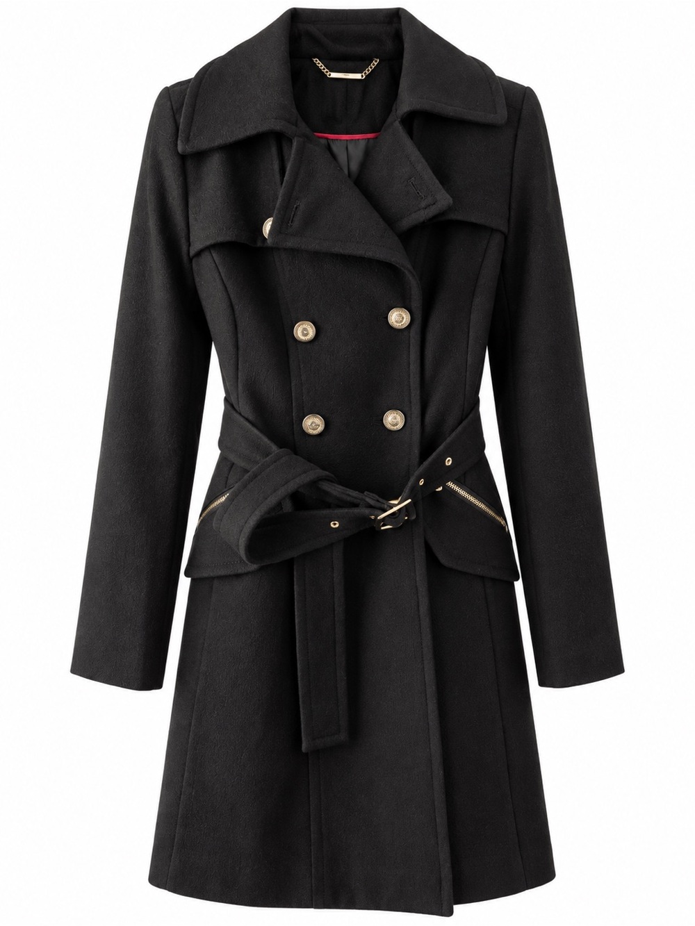 Express Black Double-Breasted Belted Pea Coat with Gold Hardware